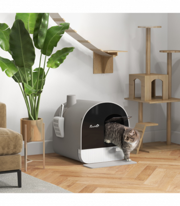 PawHut Cat Litter Box Kitten Litter Tray w/ Lid, Scoop, Filter, Flap Door, Grey