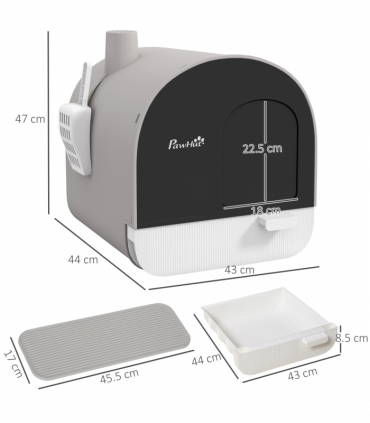 PawHut Cat Litter Box Kitten Litter Tray w/ Lid, Scoop, Filter, Flap Door, Grey