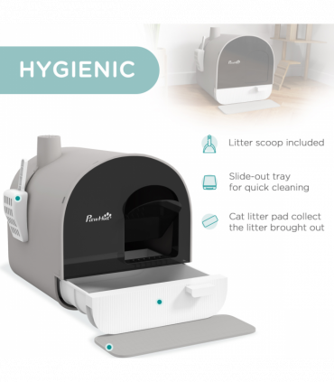 PawHut Cat Litter Box Kitten Litter Tray w/ Lid, Scoop, Filter, Flap Door, Grey