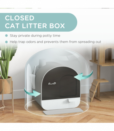 PawHut Cat Litter Box Kitten Litter Tray w/ Lid, Scoop, Filter, Flap Door, Grey