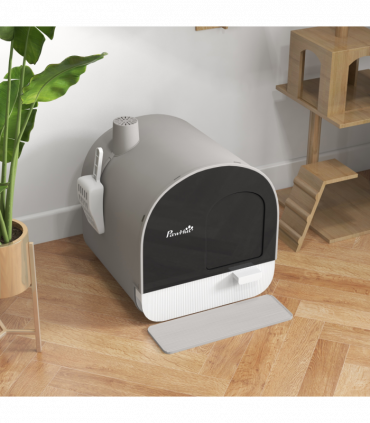 PawHut Cat Litter Box Kitten Litter Tray w/ Lid, Scoop, Filter, Flap Door, Grey