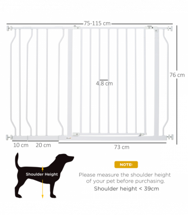 PawHut Dog Gate Wide Stair Gate w/ Door Pressure Fit, 75-115W cm, White