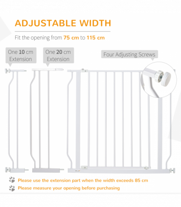 PawHut Dog Gate Wide Stair Gate w/ Door Pressure Fit, 75-115W cm, White