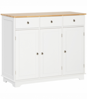 Sideboard with Rubberwood Top, Buffet Drawers and Adjustable Shelves White
