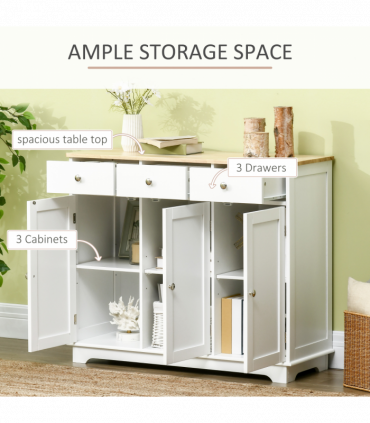 Sideboard with Rubberwood Top, Buffet Drawers and Adjustable Shelves White