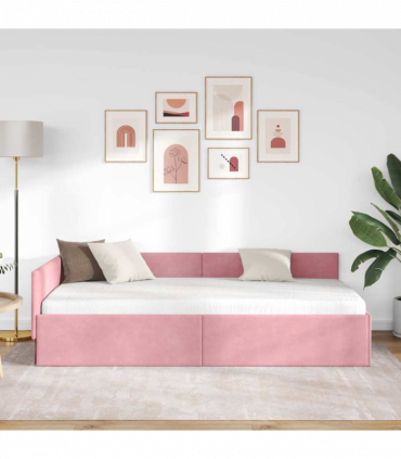 vidaXL Corner Bed Frame Pink 90 x 190 cm Velvet and Engineered wood