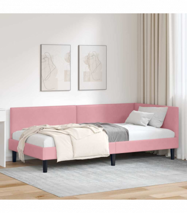 vidaXL Corner Bed Frame Pink 90 x 200 cm Velvet and Engineered wood