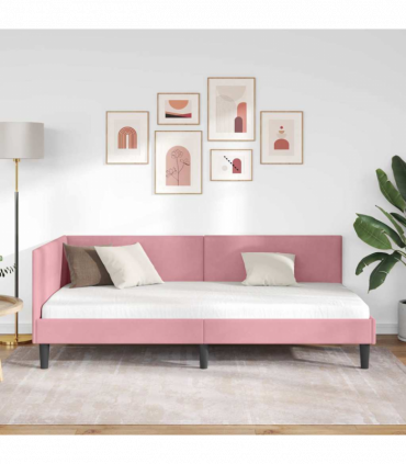 vidaXL Corner Bed Frame Pink 90 x 200 cm Velvet and Engineered wood