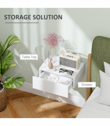 HOMCOM Floating Bedside Table, Wall-Mounted Side Table for Bedroom, White