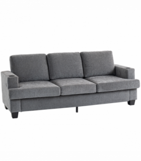 HOMCOM 3 Seater Sofa, Fabric Sofa with USB Ports and Cup Holders, Grey