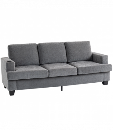 HOMCOM 3 Seater Sofa, Fabric Sofa with USB Ports and Cup Holders, Grey