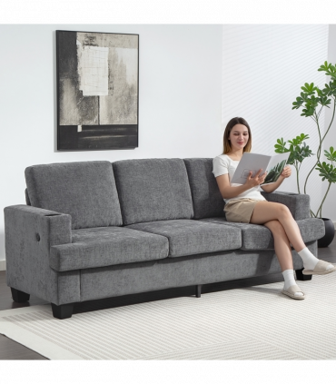 HOMCOM 3 Seater Sofa, Fabric Sofa with USB Ports and Cup Holders, Grey