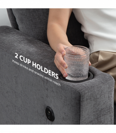 HOMCOM 3 Seater Sofa, Fabric Sofa with USB Ports and Cup Holders, Grey