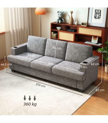 HOMCOM 3 Seater Sofa, Fabric Sofa with USB Ports and Cup Holders, Grey