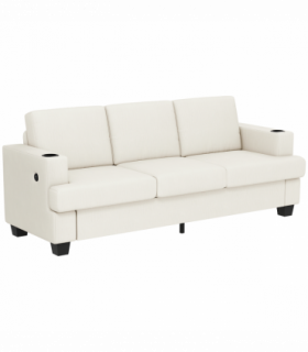 HOMCOM 3 Seater Sofa, Fabric Sofa with USB Ports and Cup Holders, Cream