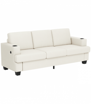 HOMCOM 3 Seater Sofa, Fabric Sofa with USB Ports and Cup Holders, Cream