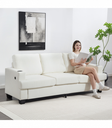 HOMCOM 3 Seater Sofa, Fabric Sofa with USB Ports and Cup Holders, Cream