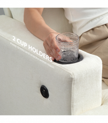 HOMCOM 3 Seater Sofa, Fabric Sofa with USB Ports and Cup Holders, Cream