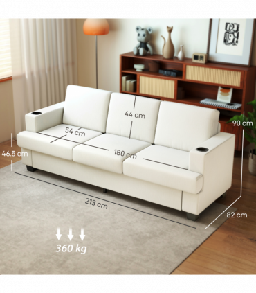 HOMCOM 3 Seater Sofa, Fabric Sofa with USB Ports and Cup Holders, Cream