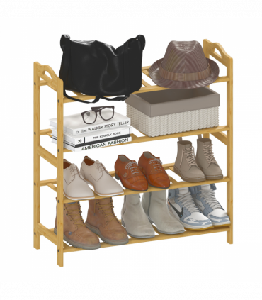 HOMCOM 4-Tier Shoe Rack, Bamboo Shoe Shelf Stand, Natural Wood Finish
