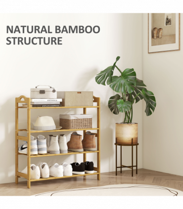 HOMCOM 4-Tier Shoe Rack, Bamboo Shoe Shelf Stand, Natural Wood Finish
