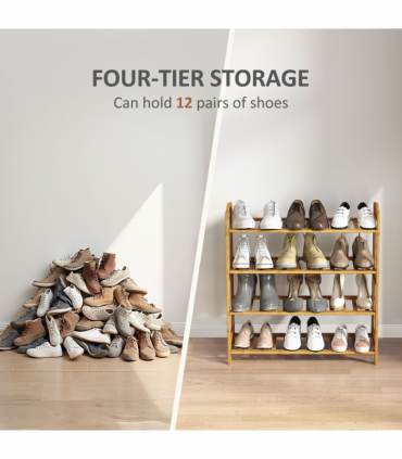 HOMCOM 4-Tier Shoe Rack, Bamboo Shoe Shelf Stand, Natural Wood Finish
