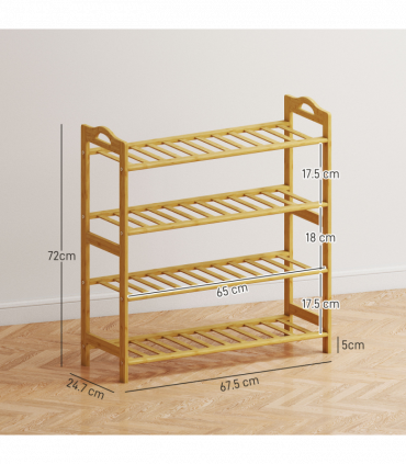 HOMCOM 4-Tier Shoe Rack, Bamboo Shoe Shelf Stand, Natural Wood Finish