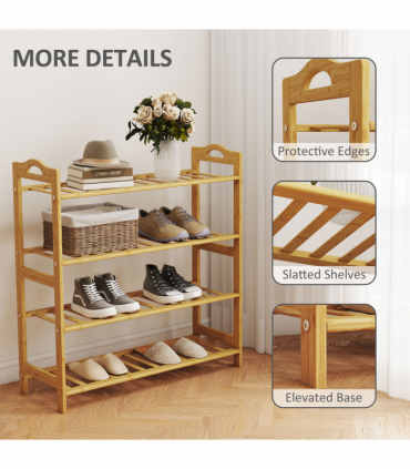 HOMCOM 4-Tier Shoe Rack, Bamboo Shoe Shelf Stand, Natural Wood Finish