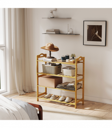 HOMCOM 4-Tier Shoe Rack, Bamboo Shoe Shelf Stand, Natural Wood Finish
