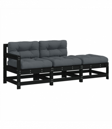 vidaXL 3 Piece Garden Lounge Set with Cushions Black Solid Wood