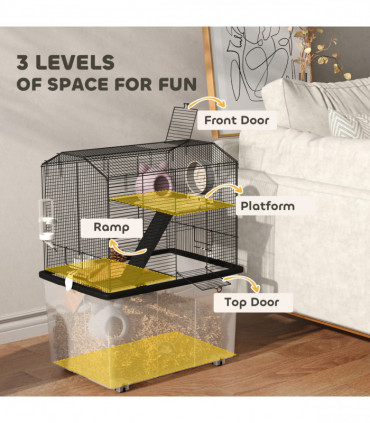 PawHut Hamster Cage, Three-Tier Gerbil Cage w/ Deep Bottom, Ramp, Food Dish