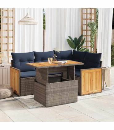 vidaXL 5 Piece Garden Sofa Set with Cushions Grey Poly Rattan Acacia
