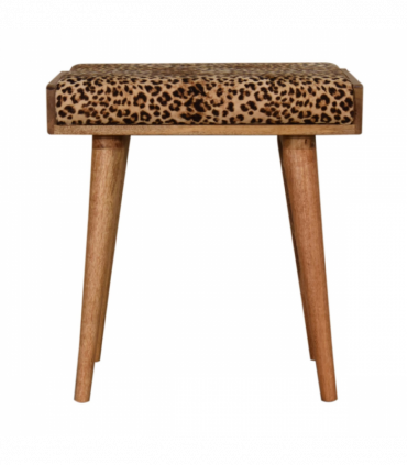 Artisan Furniture Solid Mango Wood Leopard Velvet Tray Style Footstool