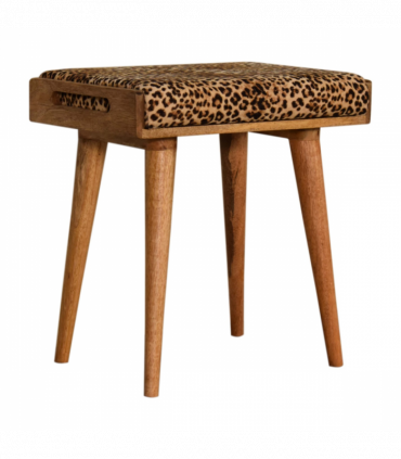 Artisan Furniture Solid Mango Wood Leopard Velvet Tray Style Footstool