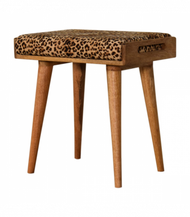 Artisan Furniture Solid Mango Wood Leopard Velvet Tray Style Footstool