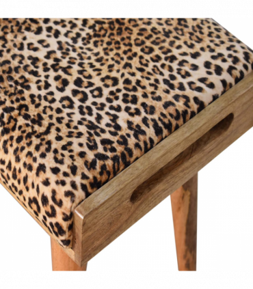 Artisan Furniture Solid Mango Wood Leopard Velvet Tray Style Footstool