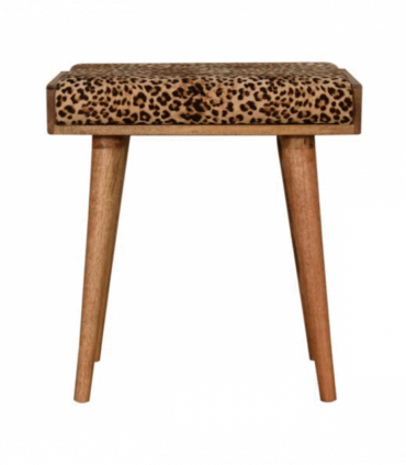 Artisan Furniture Solid Mango Wood Leopard Velvet Tray Style Footstool