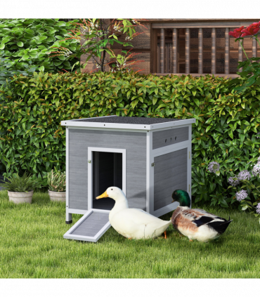 PawHut Wooden Duck House, Poultry Coop w/ Double Doors, Openable Roof, Grey