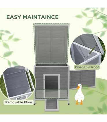 PawHut Wooden Duck House, Poultry Coop w/ Double Doors, Openable Roof, Grey