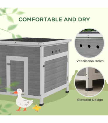 PawHut Wooden Duck House, Poultry Coop w/ Double Doors, Openable Roof, Grey