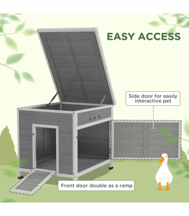 PawHut Wooden Duck House, Poultry Coop w/ Double Doors, Openable Roof, Grey