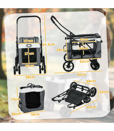 PawHut Foldable Pet Stroller w/ Detachable Carrier, Soft Padding - Grey