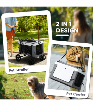 PawHut Foldable Pet Stroller w/ Detachable Carrier, Soft Padding - Grey