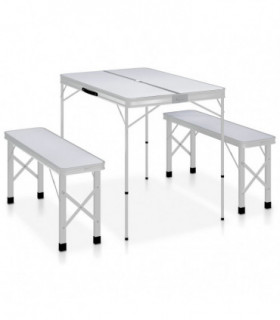 Folding Camping Table with 2 Benches Aluminium White