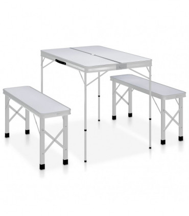 Folding Camping Table with 2 Benches Aluminium White