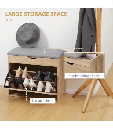 Shoe Bench Natural Wood Finish 60cm x 30cm x 50cm Entryway Cushion Storage