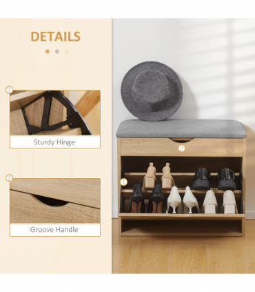 Shoe Bench Natural Wood Finish 60cm x 30cm x 50cm Entryway Cushion Storage