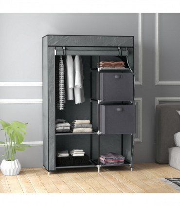 HOMCOM Fabric Portable Wardrobe with 2 Fabric Drawers, Hanging Rail, Grey