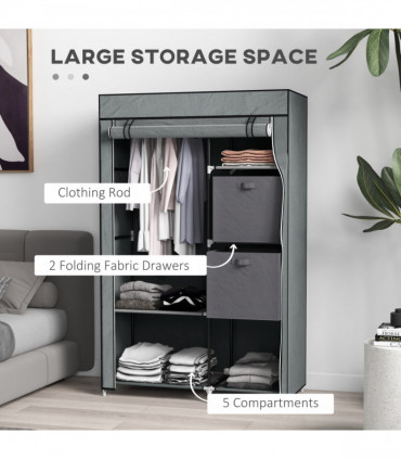 HOMCOM Fabric Portable Wardrobe with 2 Fabric Drawers, Hanging Rail, Grey
