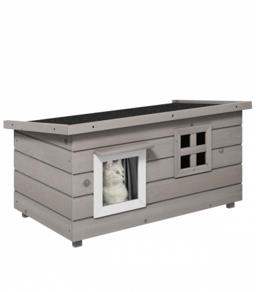 Pawhut Wooden Cat House Outdoor with Openable Top, Asphalt Roof, Window Grey